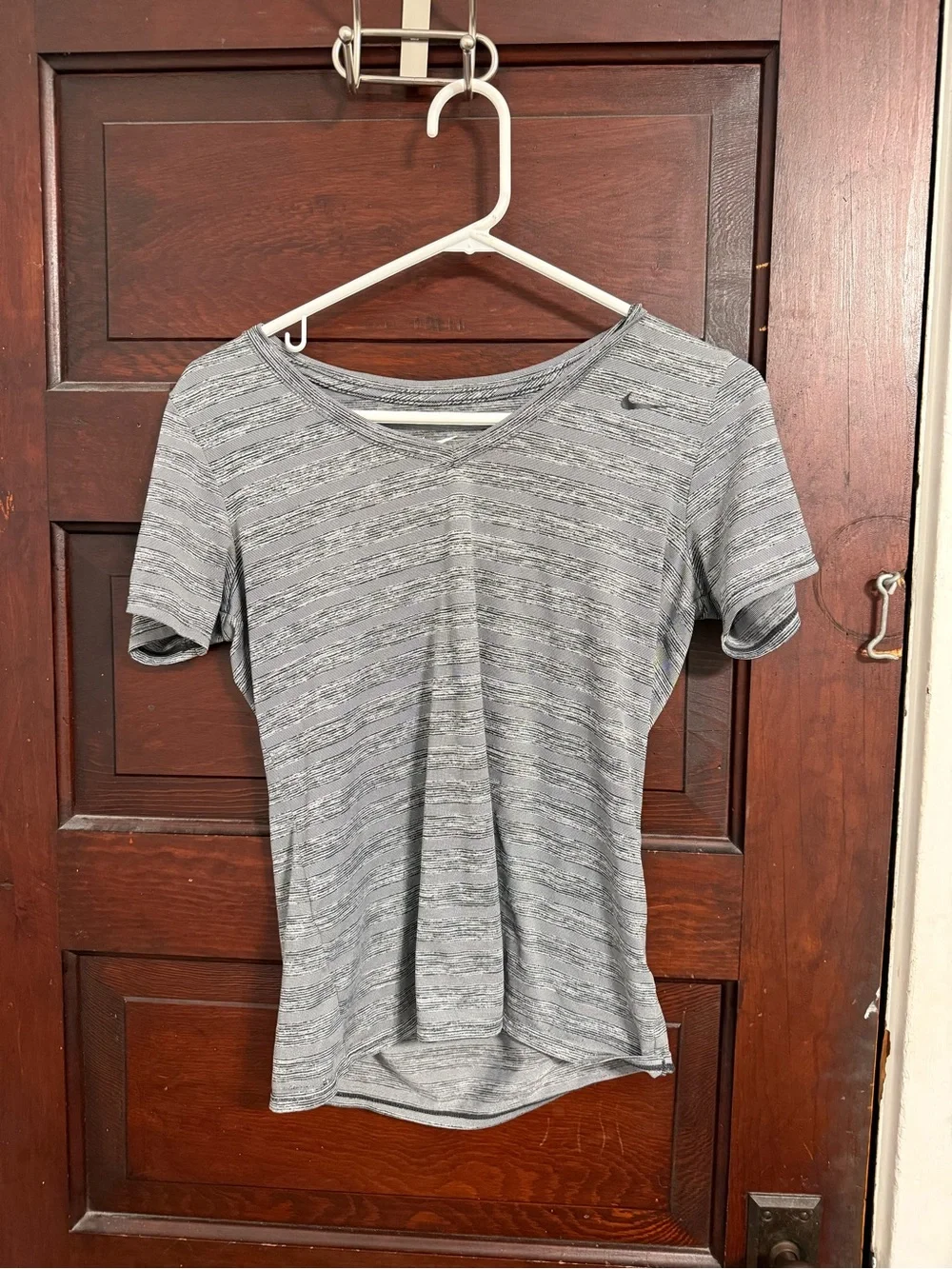 Nike Women’s Gray Striped V-Neck Short Sleeve Tee
